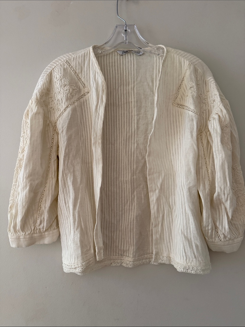 Zara Cream Embroidered Open-Front Tunic Jacket